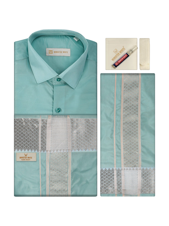Men's Plain Art Silk Sea Green Full Sleeves Shirt with 3"Jacquard Silver Jari Border Flexi Dhoti Combo Mangal