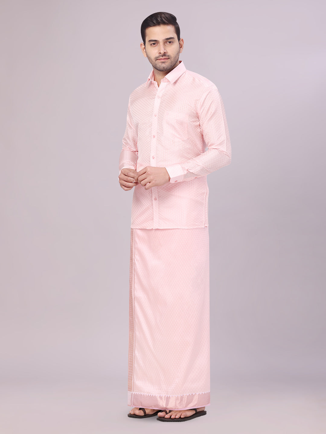 Men's Art Silk Pink Full Sleeves Shirt with 2 1/2" Copper Jari Border Dhoti Combo Neogen side pose