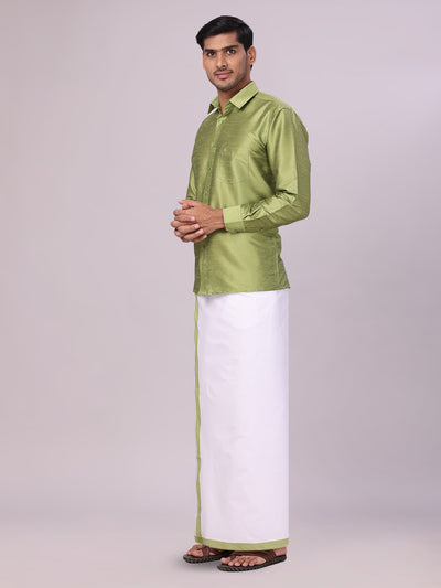 Men's Green Dupion Satin Shirt with Matching Border Flexi Dhoti Combo Gora Flexi side pose