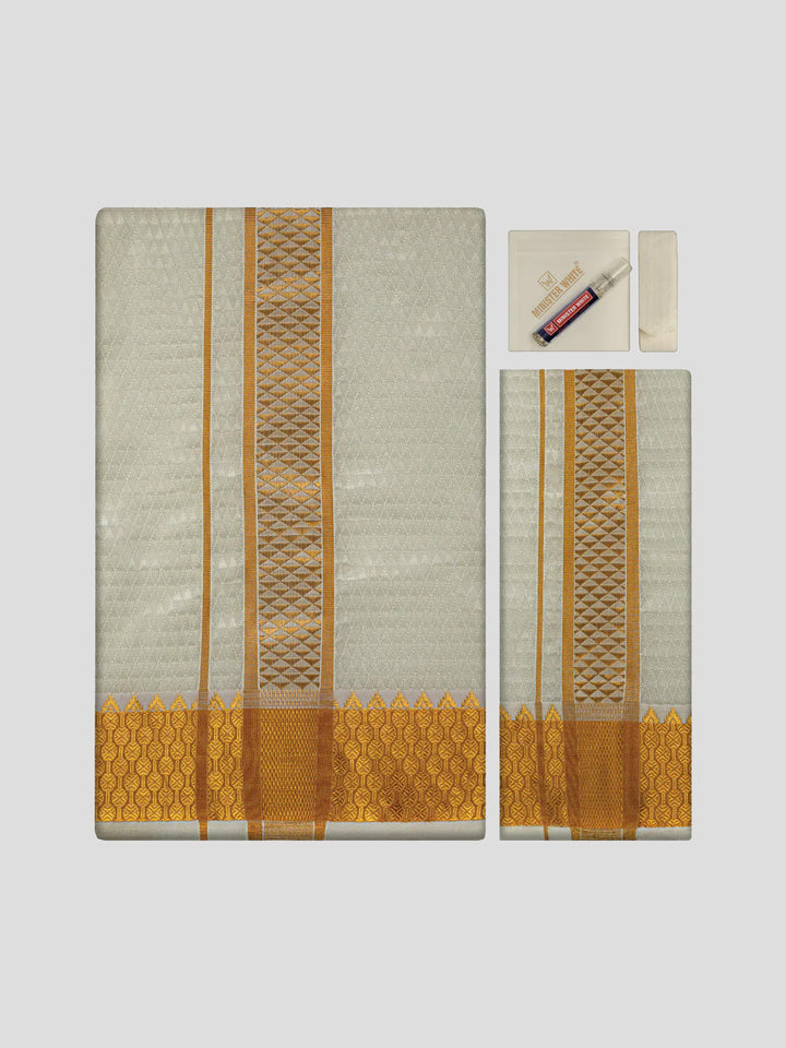 Men's Premium Art Silk Cream Shirt Bit with 2 1/2" Gold Jari Border Dhoti Towel Combo Sieger