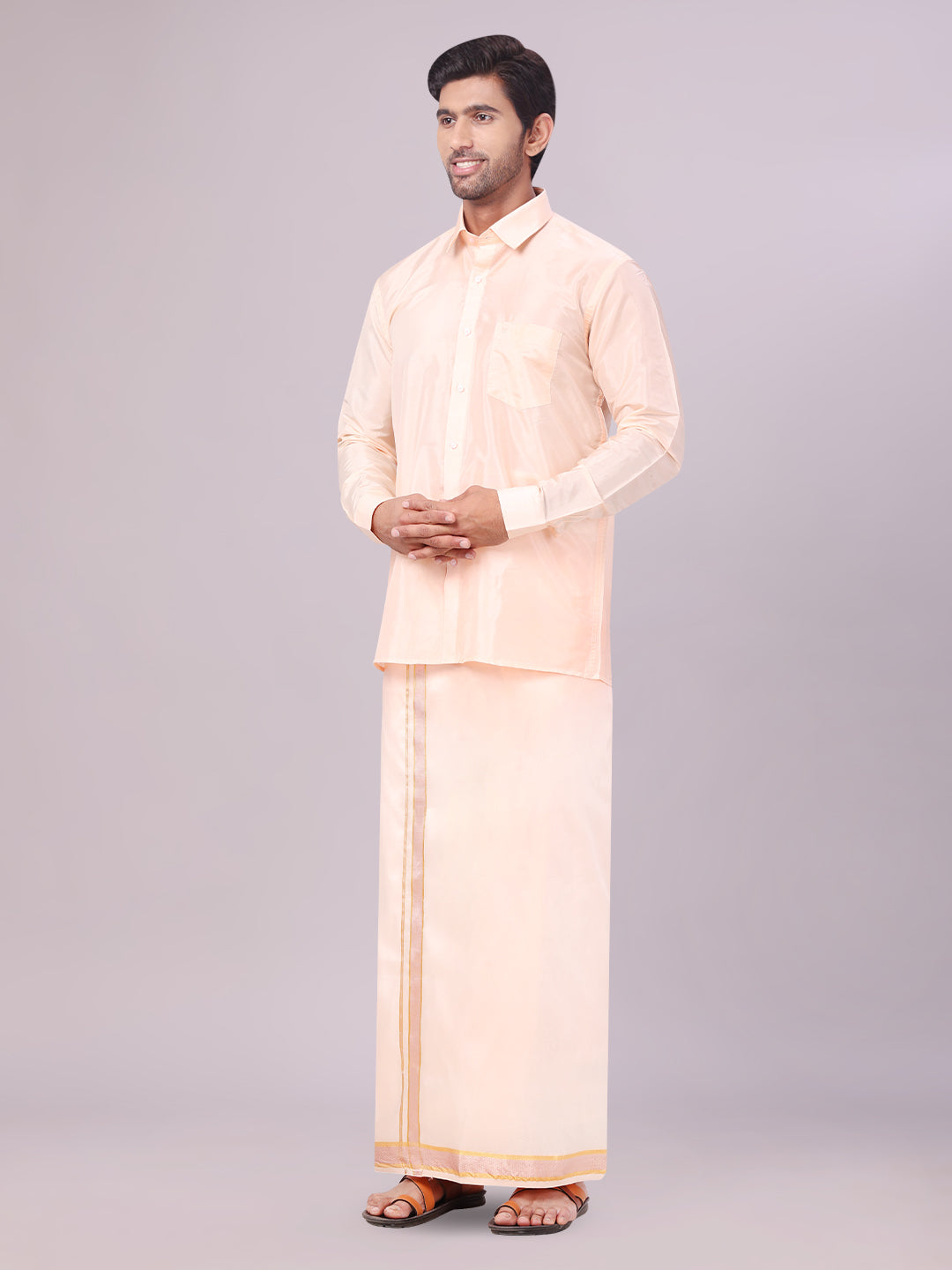 Men's Art Silk Light Peach Full Sleeves Shirt with Copper Jari Border Dhoti Combo Finesse side pose