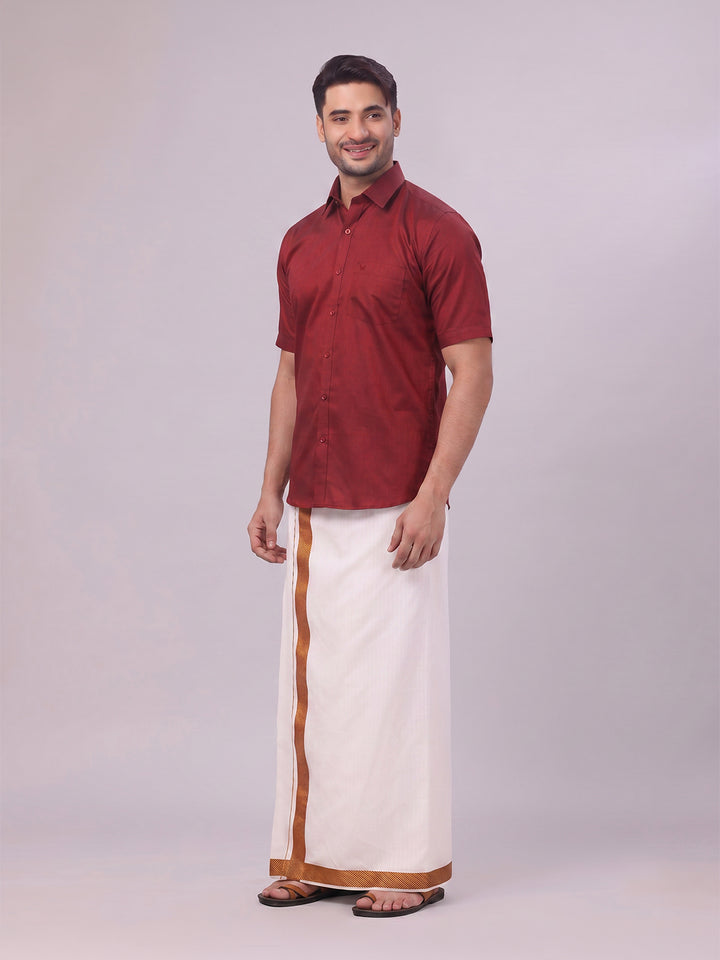 Men's Cotton Maroon Shirt and Airtex Matching Border Dhoti Combo Nector