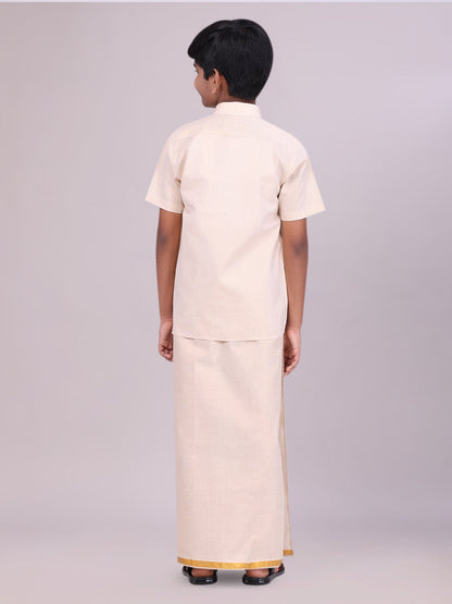Kids Gold Color Tissue Shirt with Jari Dhoti Combo back pose