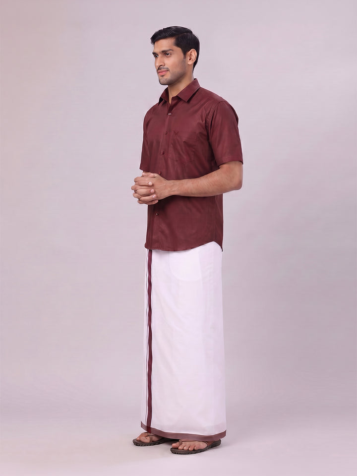 Mens Maroon Color Shirt with Matching Border Dhoti Combo Casper