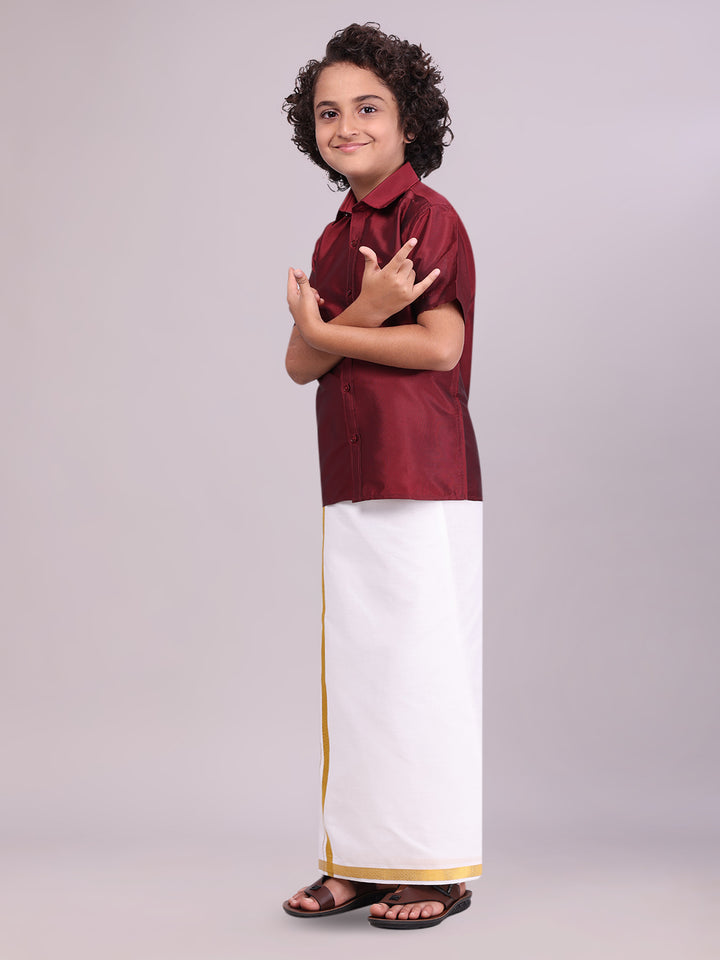 Boys Art Silk Maroon Half Sleeves Shirt with Gold Jari Flexi Dhoti Towel Combo side pose