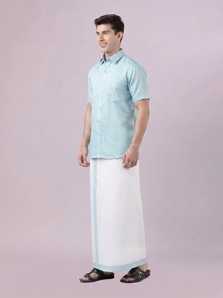 Men's Light Aqua Color Digital Printed Shirt with Matching Printed Border Dhoti Combo Varnam