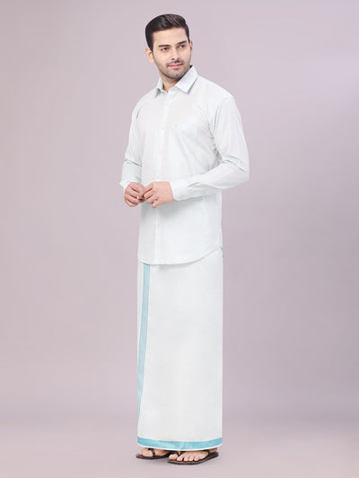 Men's Tissue Mint Blue Shirt with Jacquard Fancy Border Dhoti Wedding Combo Nios side pose