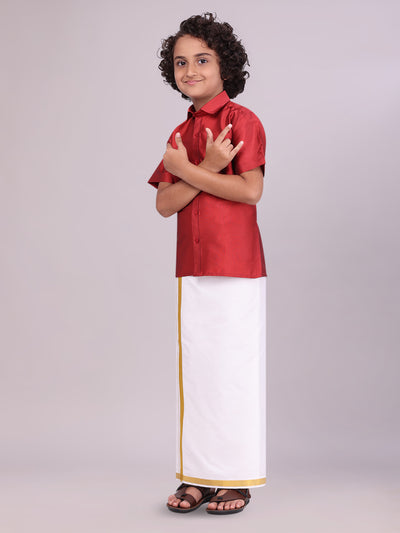 Boys Art Silk Red Half Sleeves Shirt with Gold Jari Flexi Dhoti Towel Combo side pose