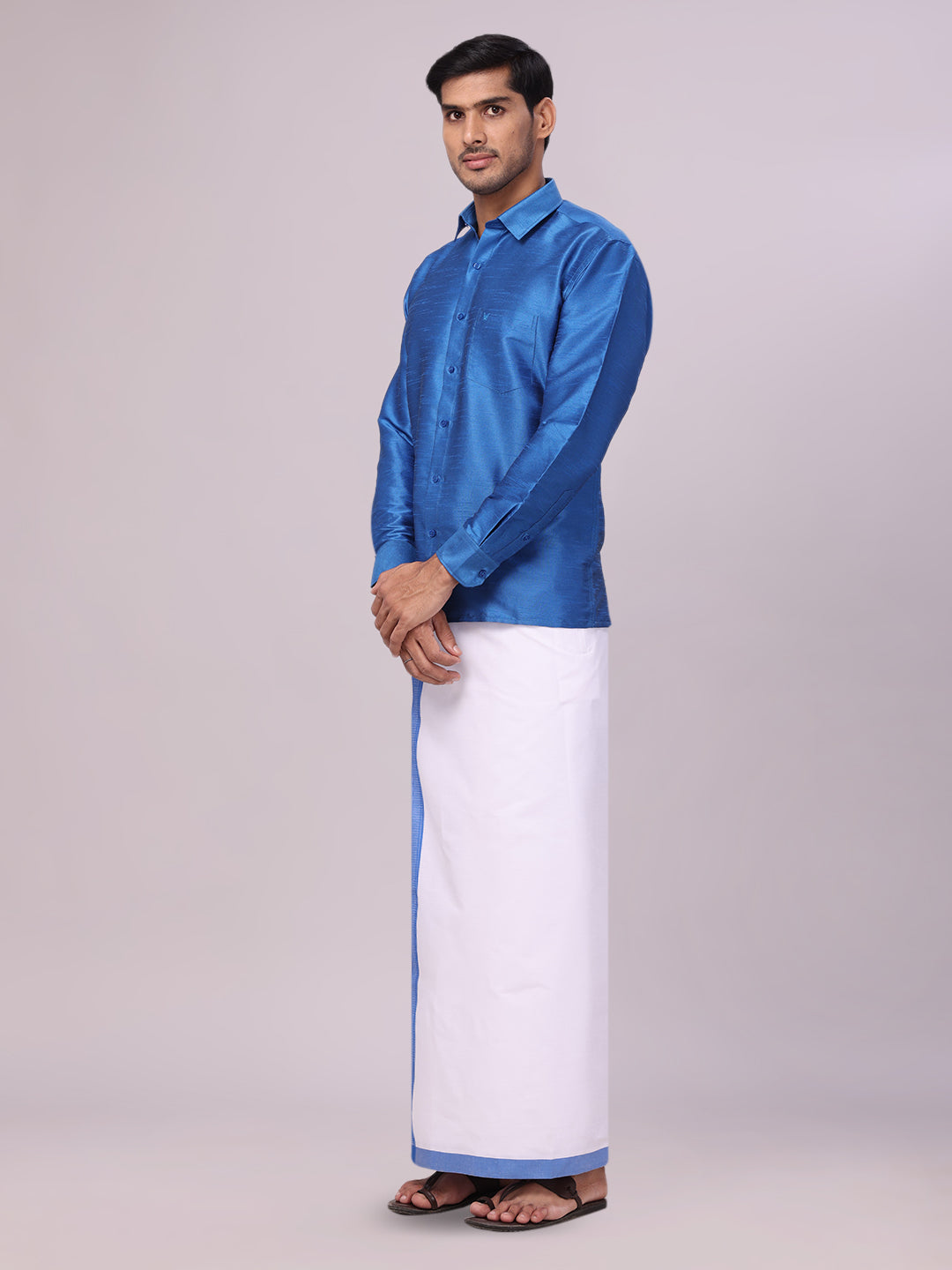 Men's Sky Blue Dupion Satin Color Shirt with Matching Border Flexi Dhoti Combo Gora Flexi side pose