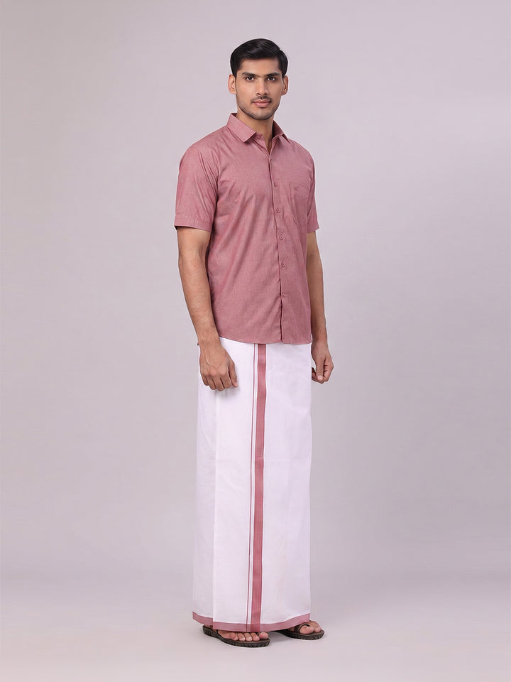 Mens Light Maroon Color Shirt with Matching Border Dhoti Combo Casper