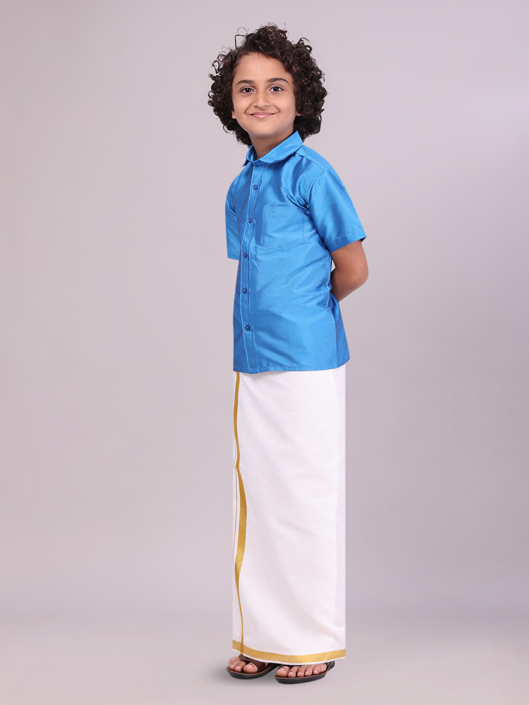 Boys Art Silk Sky Blue Half Sleeves Shirt with Gold Jari Flexi Dhoti Towel Combo side pose