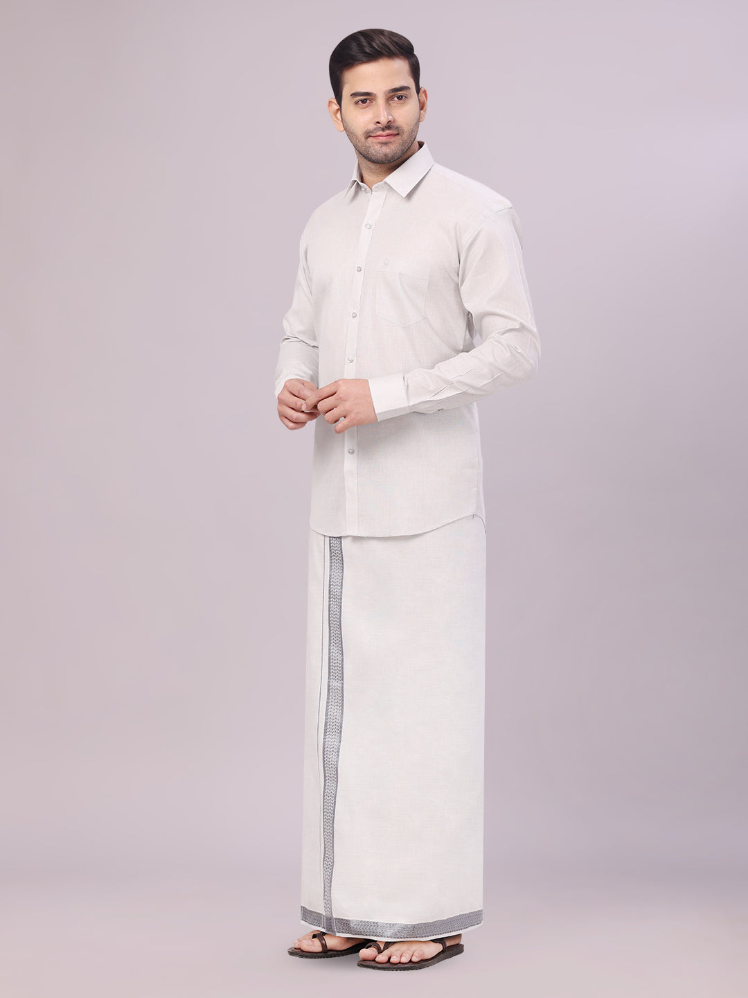 Men's Tissue Grey Shirt with Jacquard Fancy Border Flexi Dhoti Wedding Combo Nios