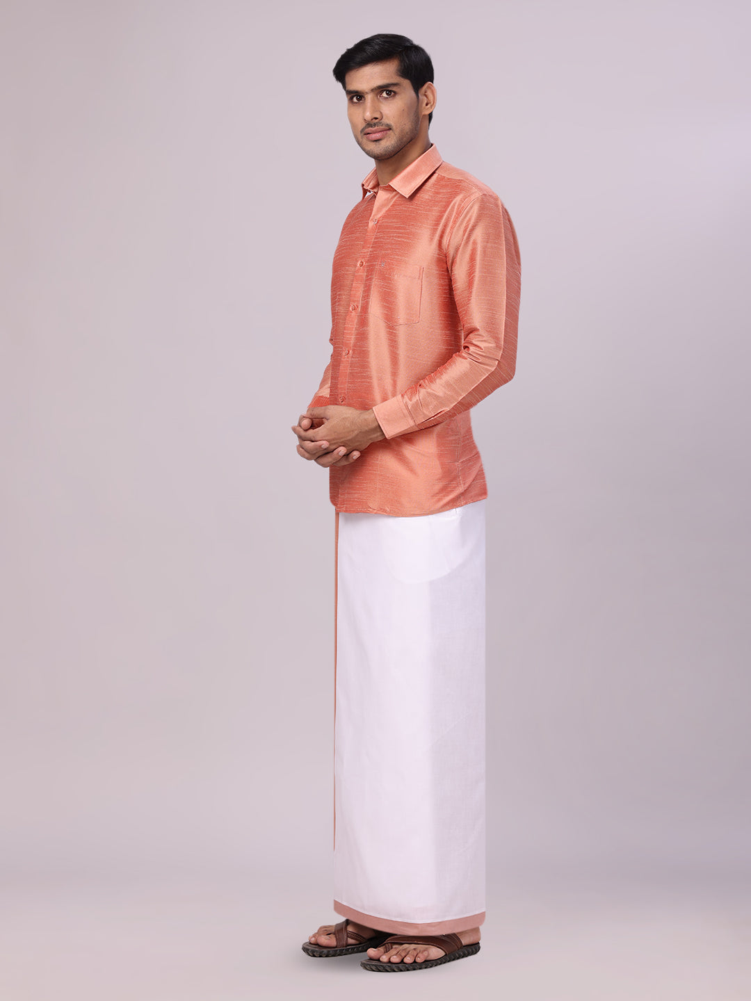 Mens Light Brown Dupion Satin Shirt with Matching Border Dhoti Combo Gora