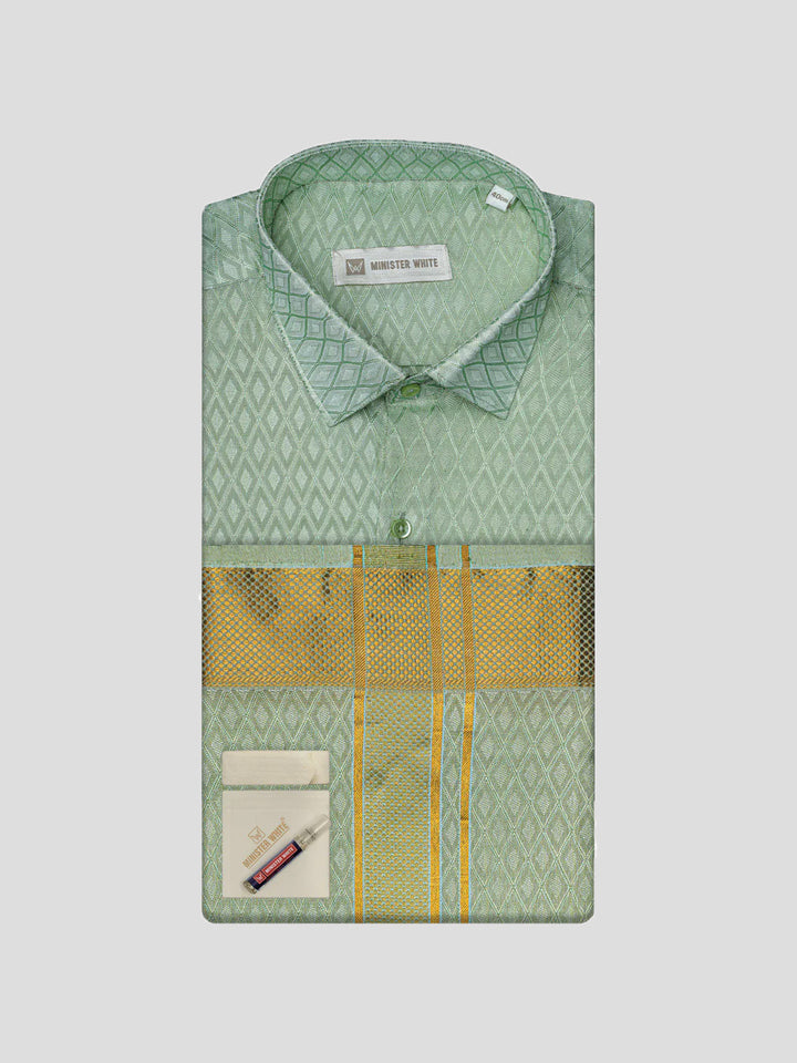 Mens Art Silk Pista Full Sleeves Shirt with 2 1/2"  Gold Jari Border & Towel Dhoti Combo Spruce