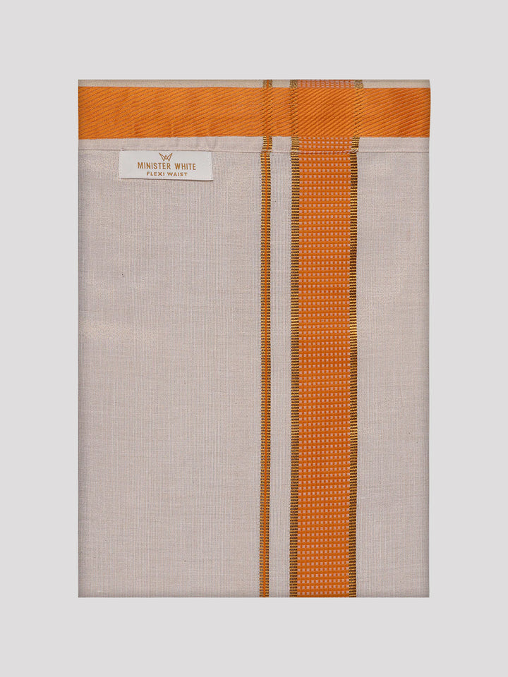 Mens Cotton Orange Shirt with Tissue Matching Border Flexi Dhoti Wedding Combo Kandala