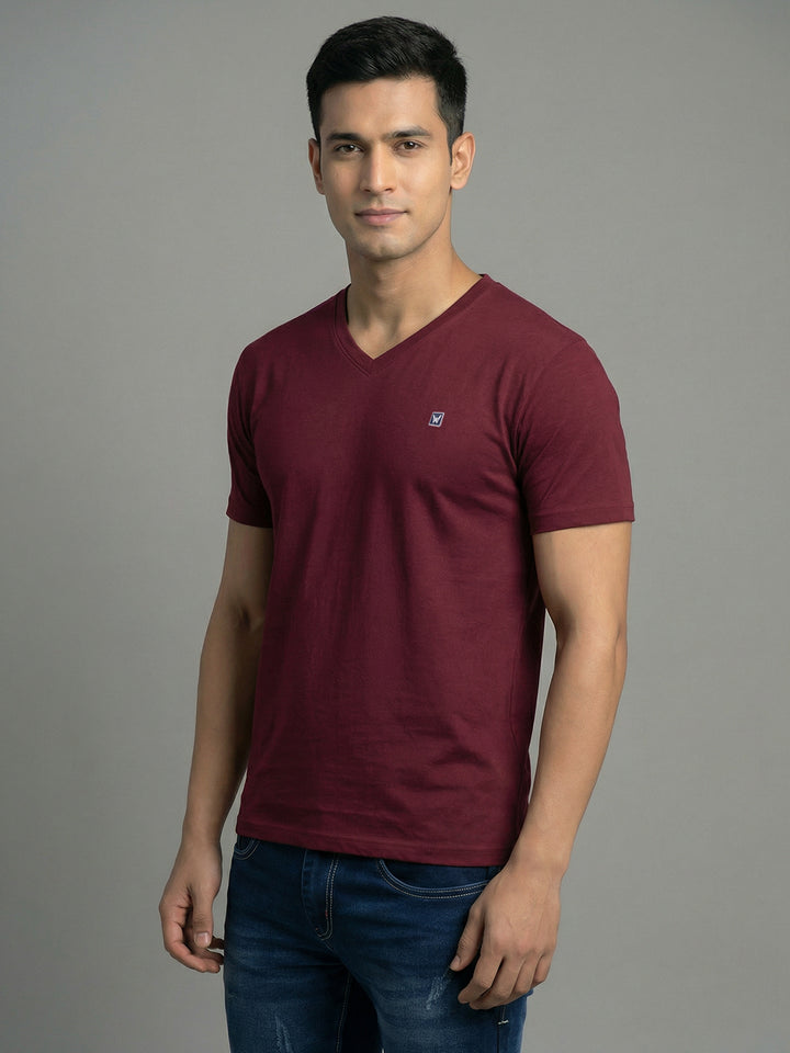 Men's Wine Regular Fit V-Neck T-Shirt Caliber