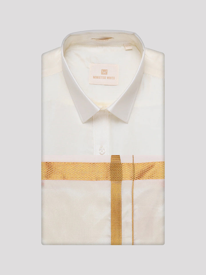Mens Art Silk Wedding Cream Shirt, Dhoti, Nerial with Belt Combo - Boopalan Cream