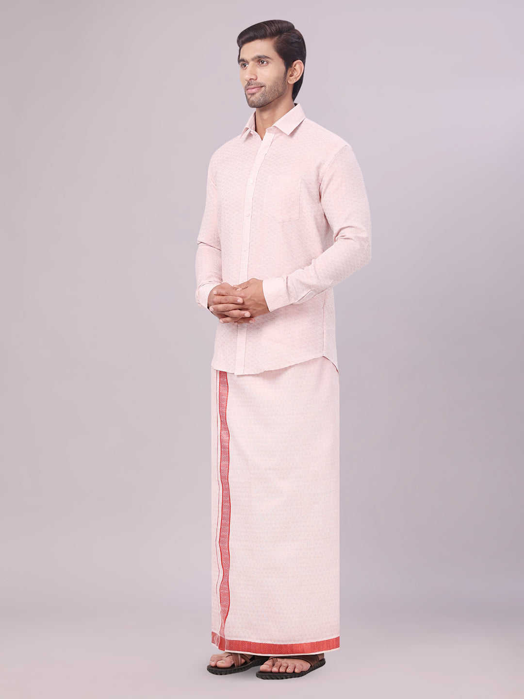 Men's Maroon Tissue Jacquard Shirt with Matching Dhoti Combo Zeus side pose