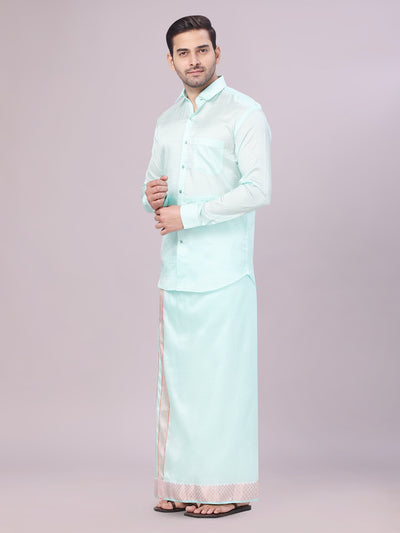 Men's Art Silk Mint Full Sleeves Shirt with 2 1/2" Copper Jari Border Dhoti Combo Neogen side pose