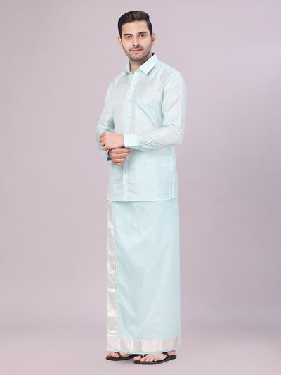 Men's Art Silk Sea Green Full Sleeves Shirt with 2 1/2" Silver Jari Border Dhoti Combo Neogen side pose