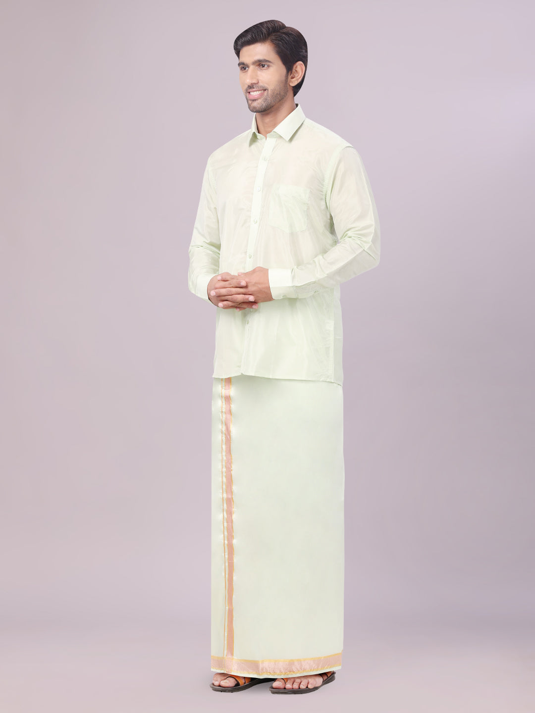 Men's Art Silk Pista Green Full Sleeves Shirt with Gold Jari Border Dhoti Combo Finesse side pose