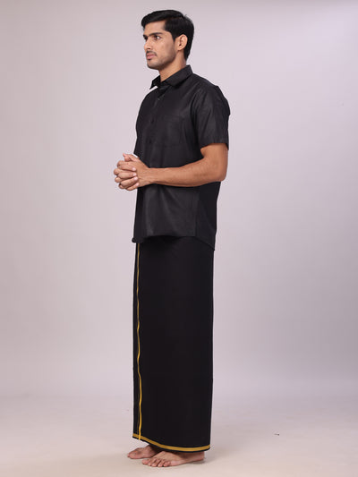 Men's Devotional Cotton Black Shirt with Small Assorted Border Dhoti & Towel Combo