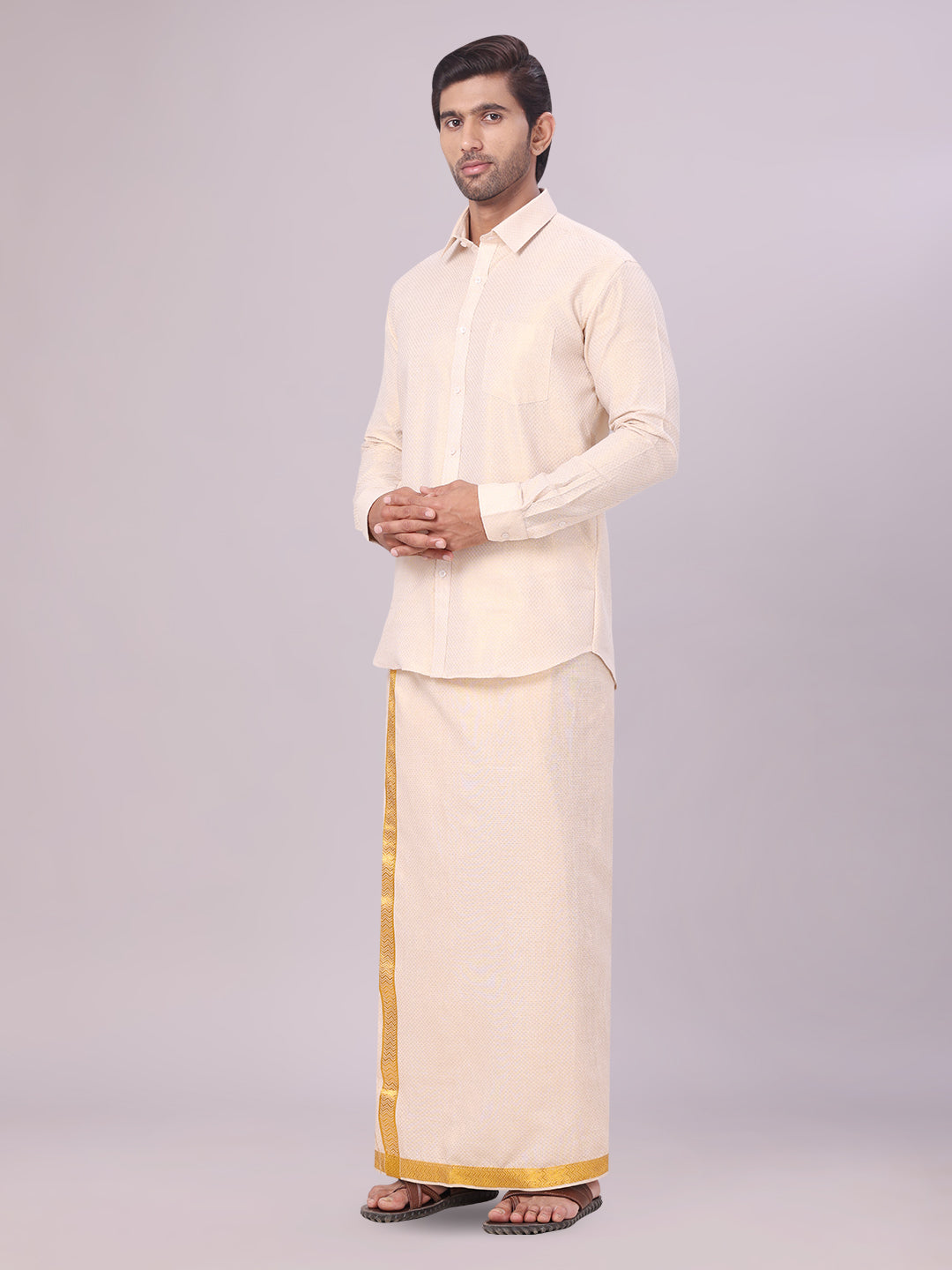 Men's Gold Tissue Jacquard Shirt with Matching Dhoti Combo Zeus side pose