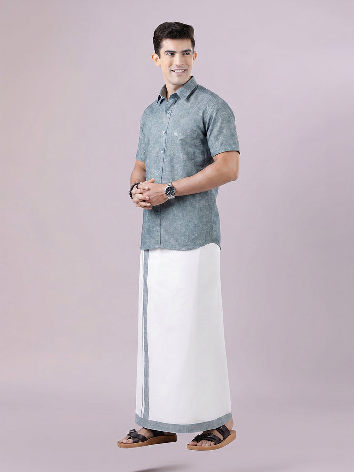 Men's Emerald Color Digital Printed Shirt with Matching Printed Border Dhoti Combo Varnam