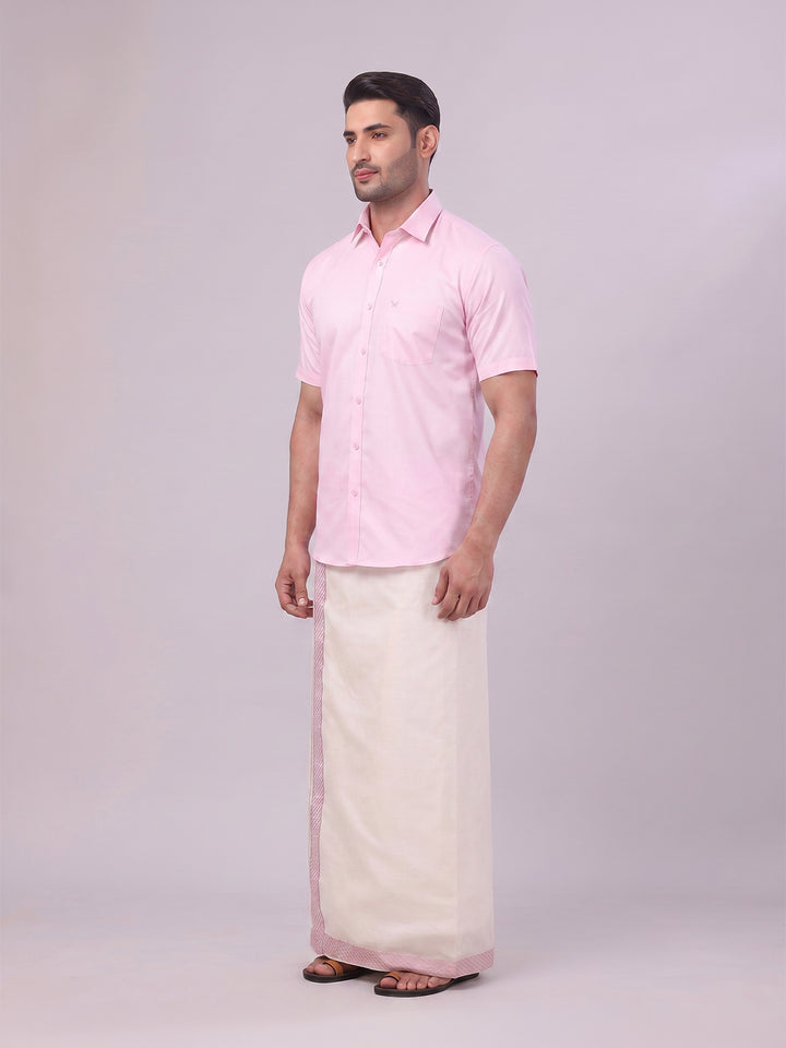 Men's Cotton Light Rose Shirt and Airtex Matching Border Dhoti Combo Nector