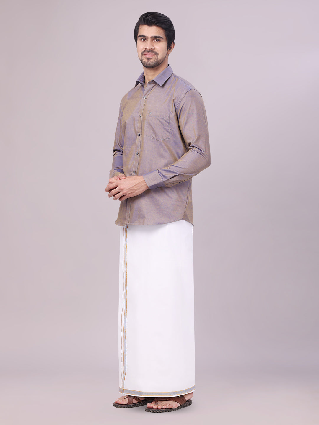 Mens Ash Grey Shirt with Matching Border Dhoti Combo Pinto