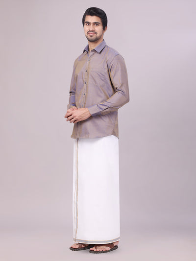 Men's Ash Grey Shirt with Matching Border Dhoti Combo Pinto side pose