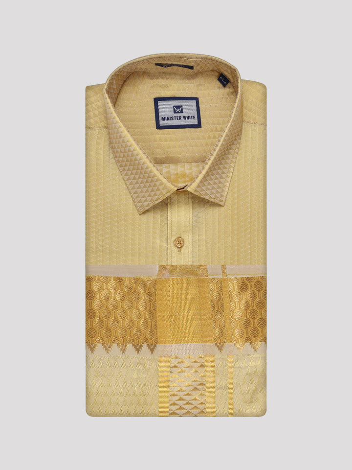 Mens Art Silk Mango Gold Full Sleeves Shirt with 2 1/2" Gold Jari Border Dhoti Combo Nautica