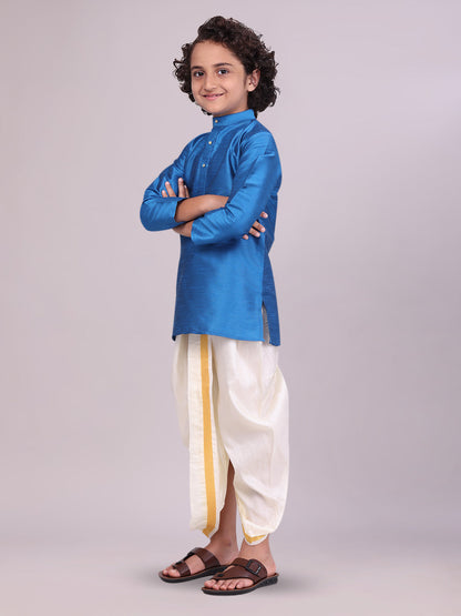 Boys Blue Colour Kurtha with Gold Jari Panchakacham Combo Chitrang side pose