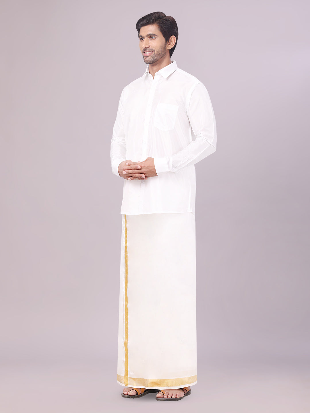 Mens Art Silk Half White Full Sleeves Shirt with 70k Gold Jari Border Dhoti Combo Finesse