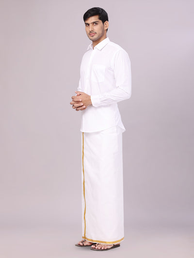 Men's Pure Cotton Wedding White Shirt with Flexi Waist Gold Jari Dhoti and Towel Combo - Anandham White side pose