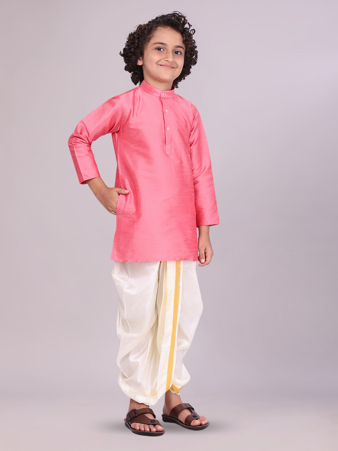 Boys Pink Colour Kurtha with Gold Jari Panchakacham Combo Chitrang side psoe