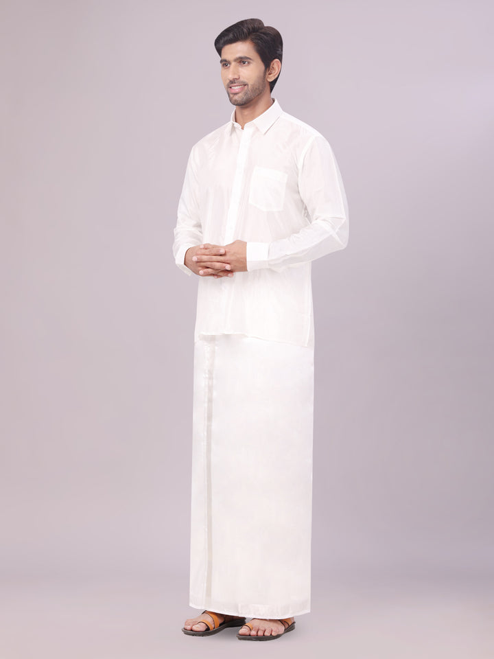 Mens Art Silk Half White Full Sleeves Shirt with Sliver Jari Border Dhoti & Towel Combo Blush