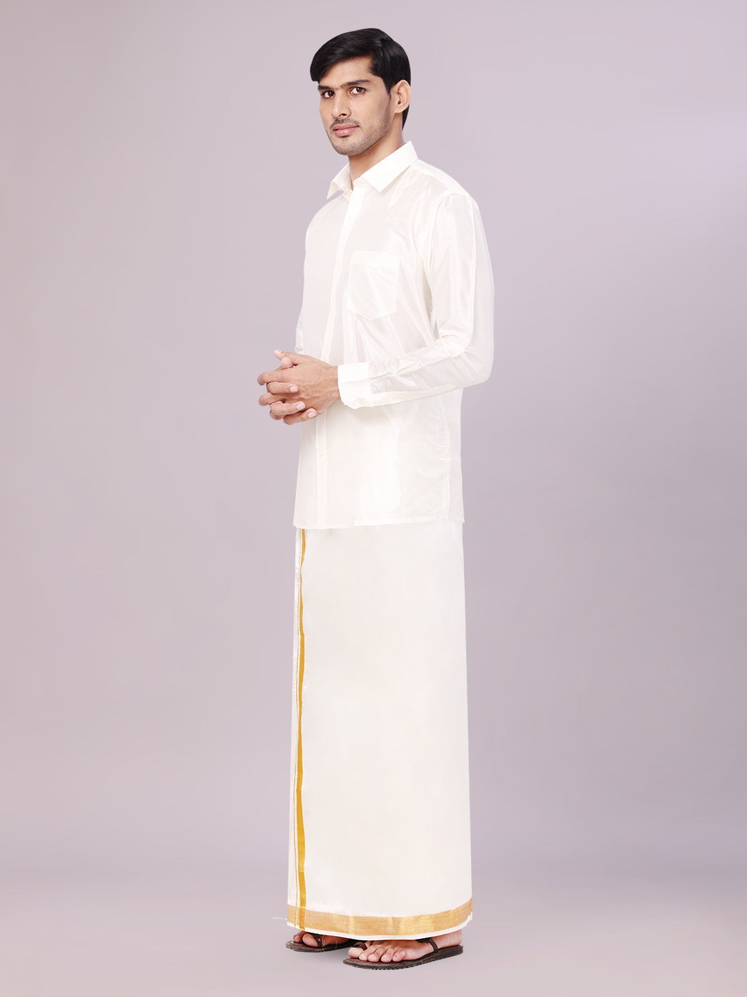 Men's Art Silk Wedding Cream Shirt, Dhoti, Nerial with Belt Combo - Boopalan Cream side pose