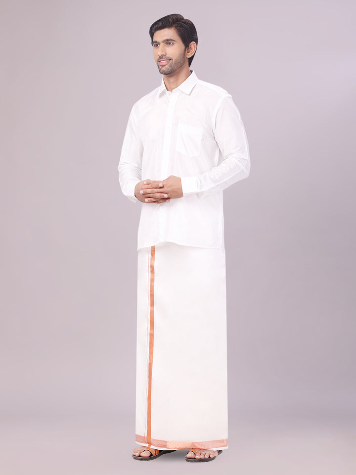 Men's Art Silk Half White Full Sleeves Shirt with Copper Jari Border Dhoti Combo Finesse side pose