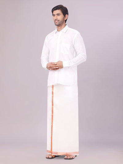 Men's Art Silk Half White Full Sleeves Shirt with Copper Jari Border Dhoti Combo Finesse side pose