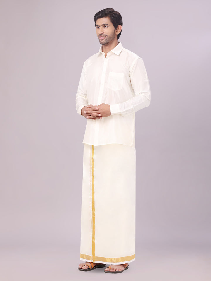 Mens Art Silk Cream Full Sleeves Shirt with 70K Gold Jari Border Dhoti & Towel Combo Blush