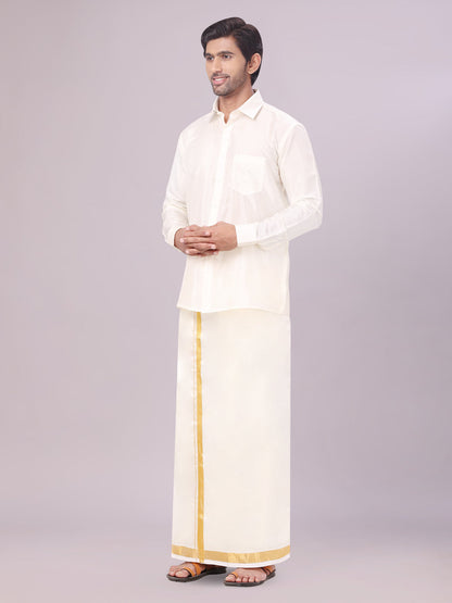 Mens Art Silk Cream Full Sleeves Shirt with 50k Gold Jari Border Dhoti Combo Finesse