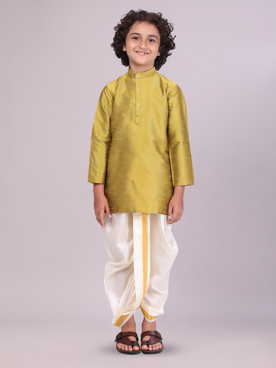 Boys Light Green Colour Kurtha with Gold Jari Panchakacham Combo Chitrang