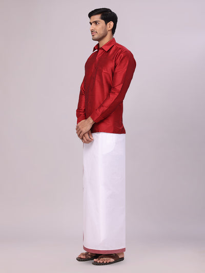 Dupion Satin Maroon Shirt with Dhoti Combo for men - side pose