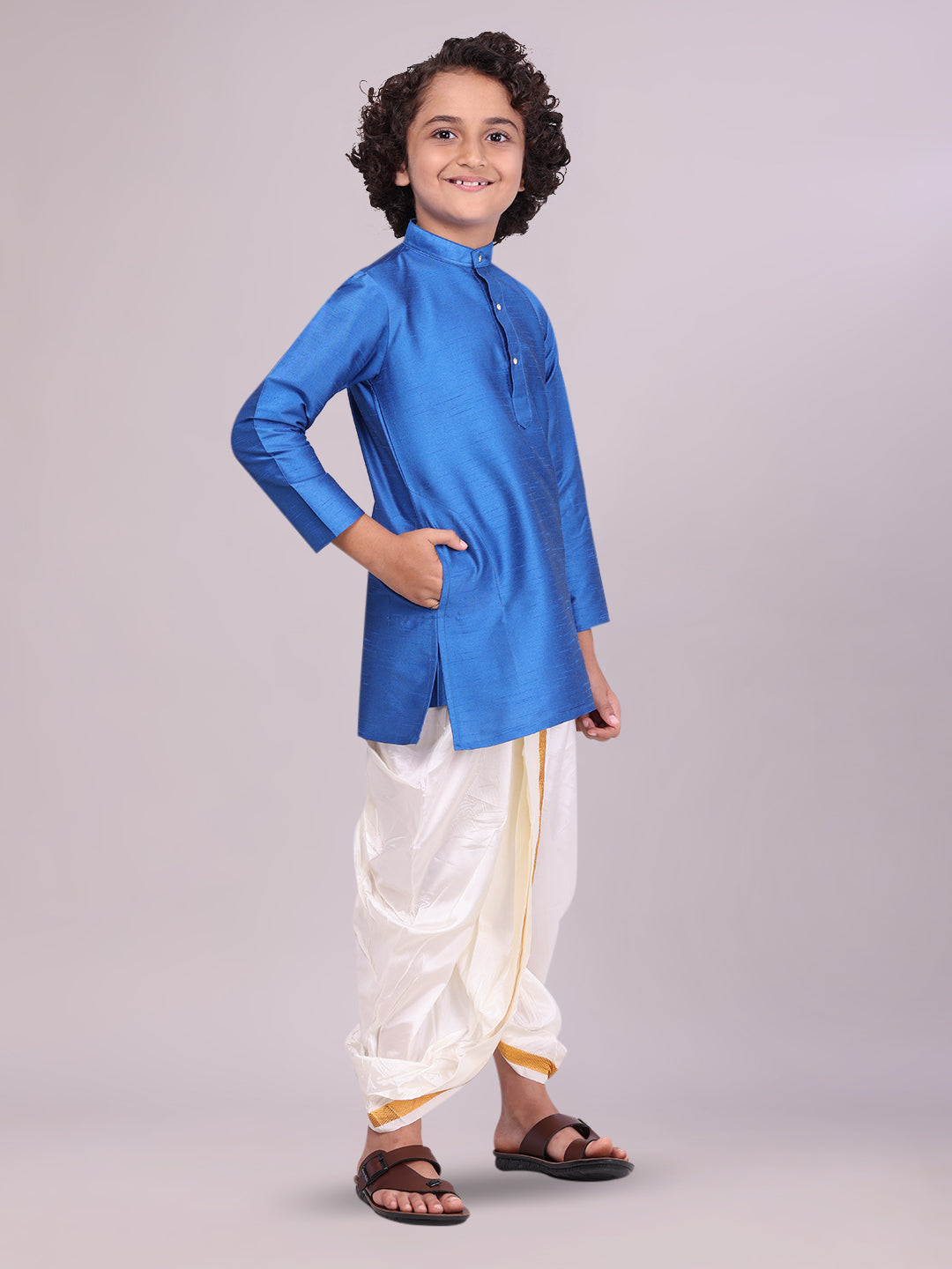 Boys Dark Blue Colour Kurtha with Gold Jari Panchakacham Combo Chitrang side pose