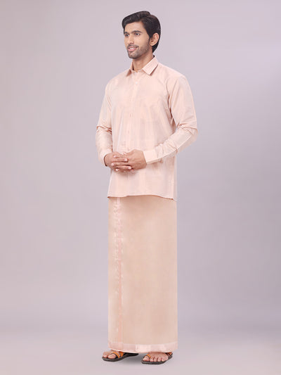 Mens Art Silk Light Copper Full Sleeves Shirt with Copper Jari Border Dhoti Combo Finesse