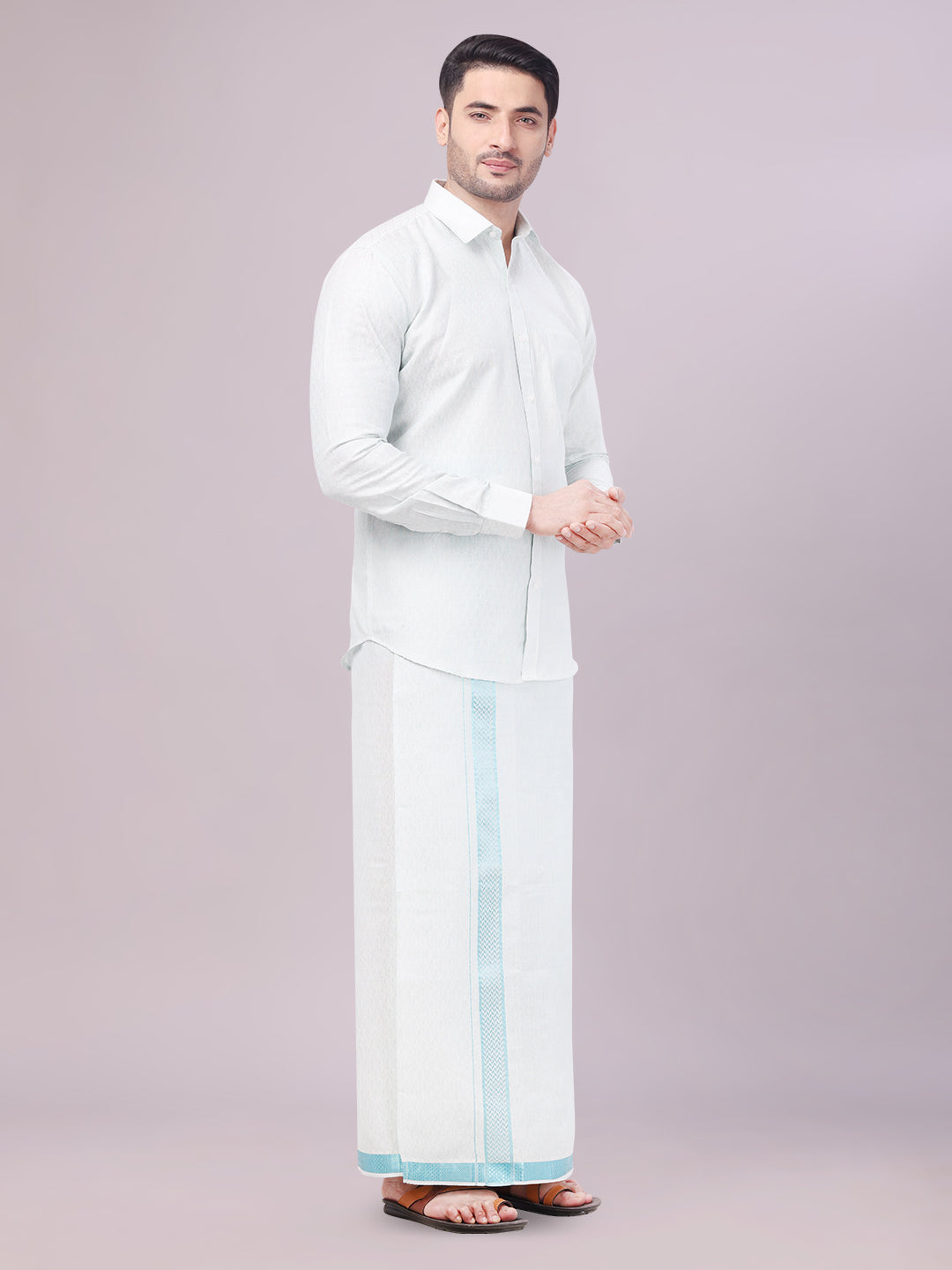 Men's Mint Blue Color Jacquard Shirt with Matching Dhoti Combo Zeebra side pose