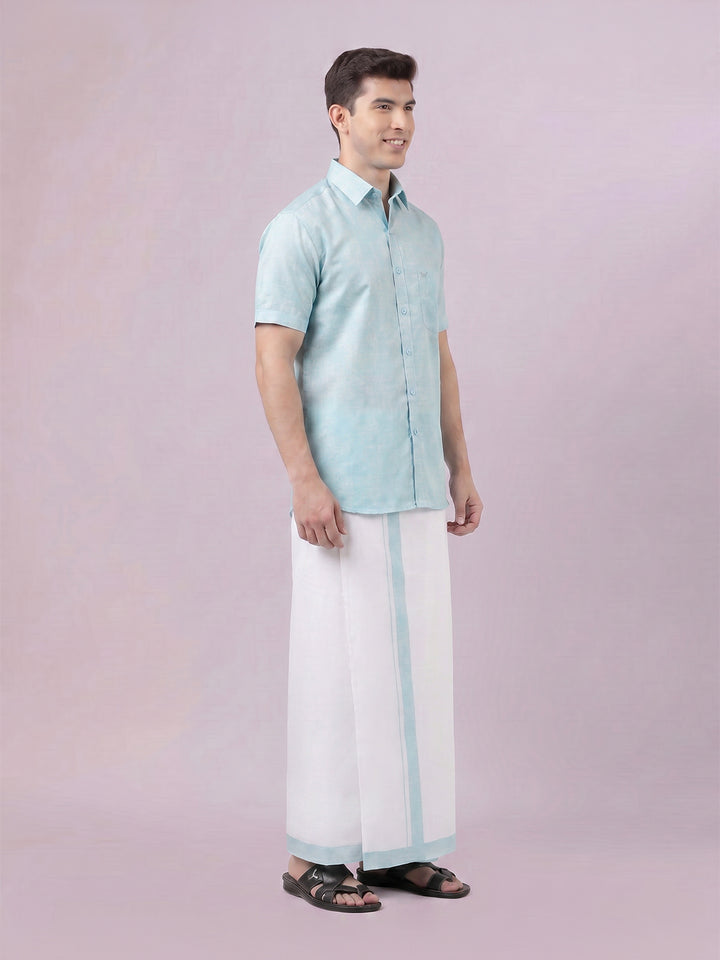 Men's Light Aqua Color Digital Printed Shirt with Matching Printed Border Dhoti Combo Varnam