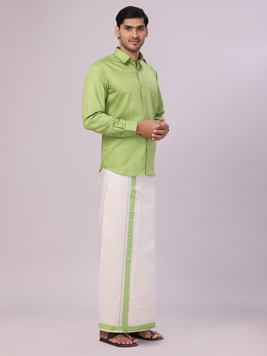 Men's Cotton Light Green Shirt with Tissue Matching Border Dhoti Wedding Combo Kandala side pose