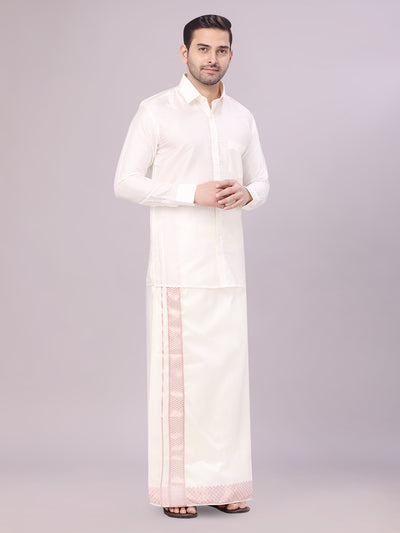 Men's Art Silk Cream Jacquard Full Sleeves Shirt with 2 1/2" Copper Jari Border & Dhoti Combo Nautica
